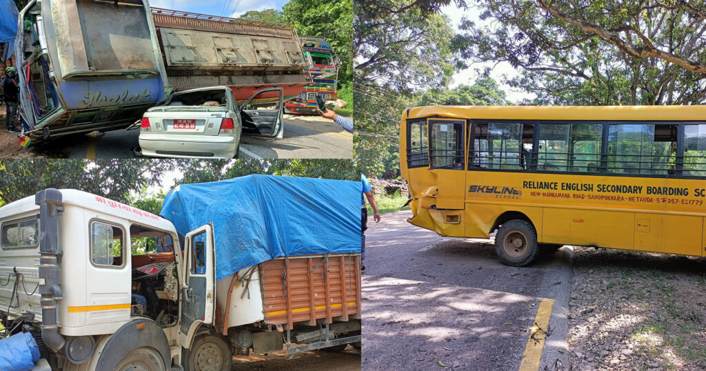 हेटौंडामा स्कुल बस सहित ४ सवारी एक आपसमा ठोक्किए,एक दर्जन बढी घाईते