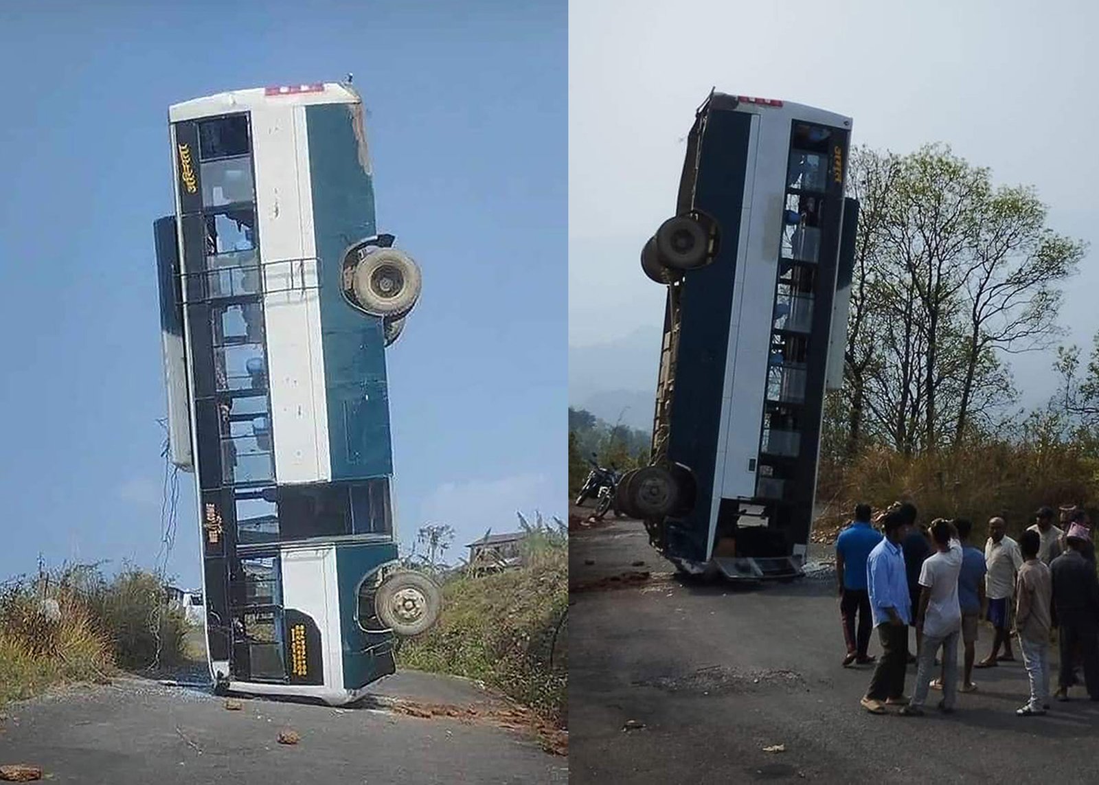 पोखरामा बस दुर्घटना भएर सडकमा ठाडै उभियो !