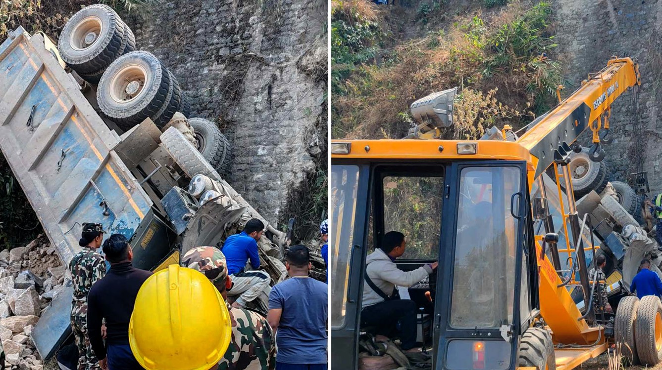 भैँसे–हेटौँडा सडकखण्डमा टिपर दुर्घटना, चालकको उद्धार प्रयास जारी