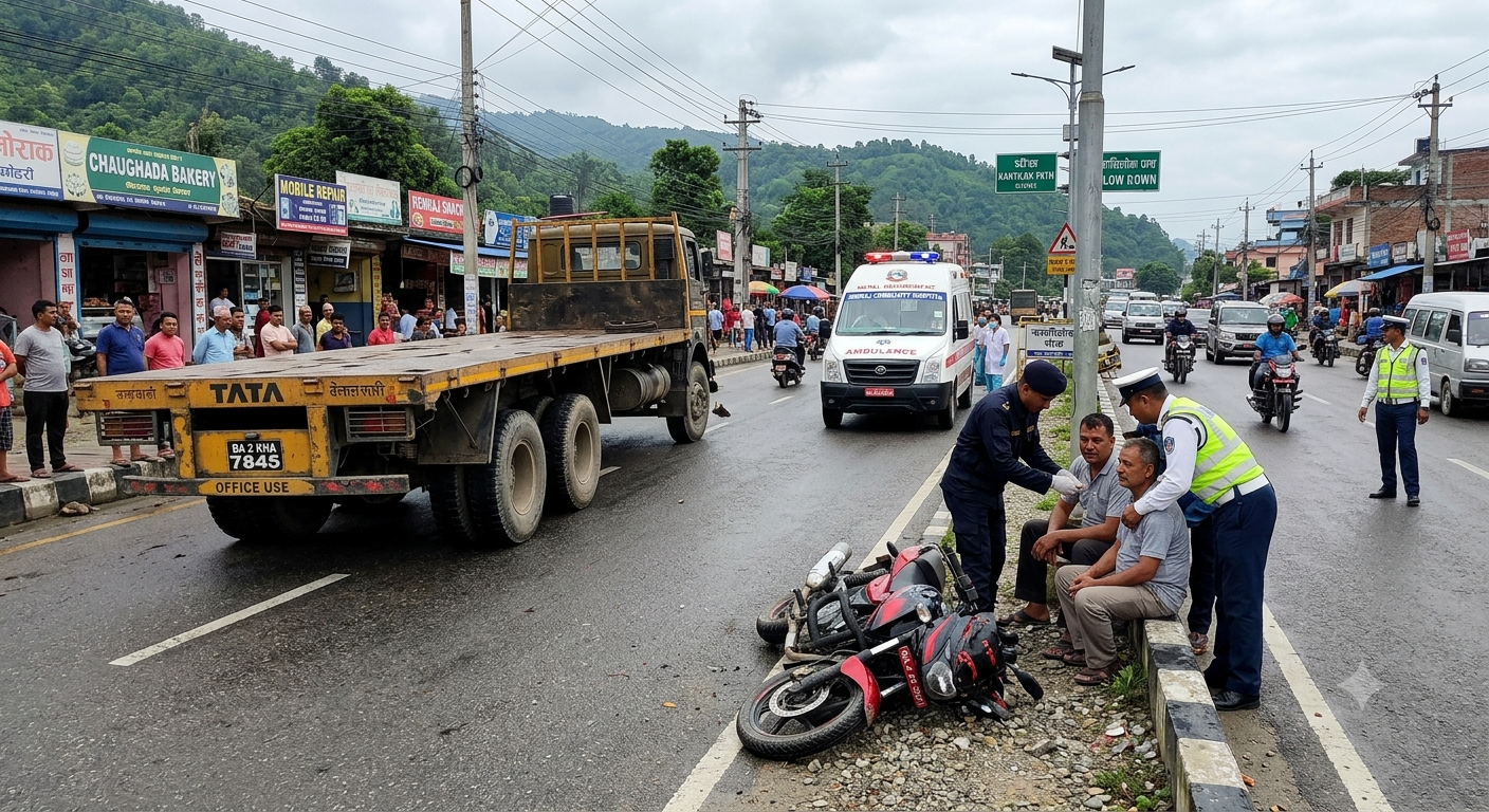 हेटौंडाको चौघडा चोकमा मोटरसाइकल र टेलर ठोक्किँदा दुई जना घाइते